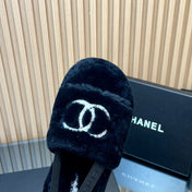CHANEL 25S THICK-SOLED FURRY SLIPPERS WITH ELASTIC STRAPS IN BLACK FUR