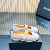 CHANEL 25S DOUBLE-STRAP MARY JANE SHOES IN LIGHT GRAY SUEDE