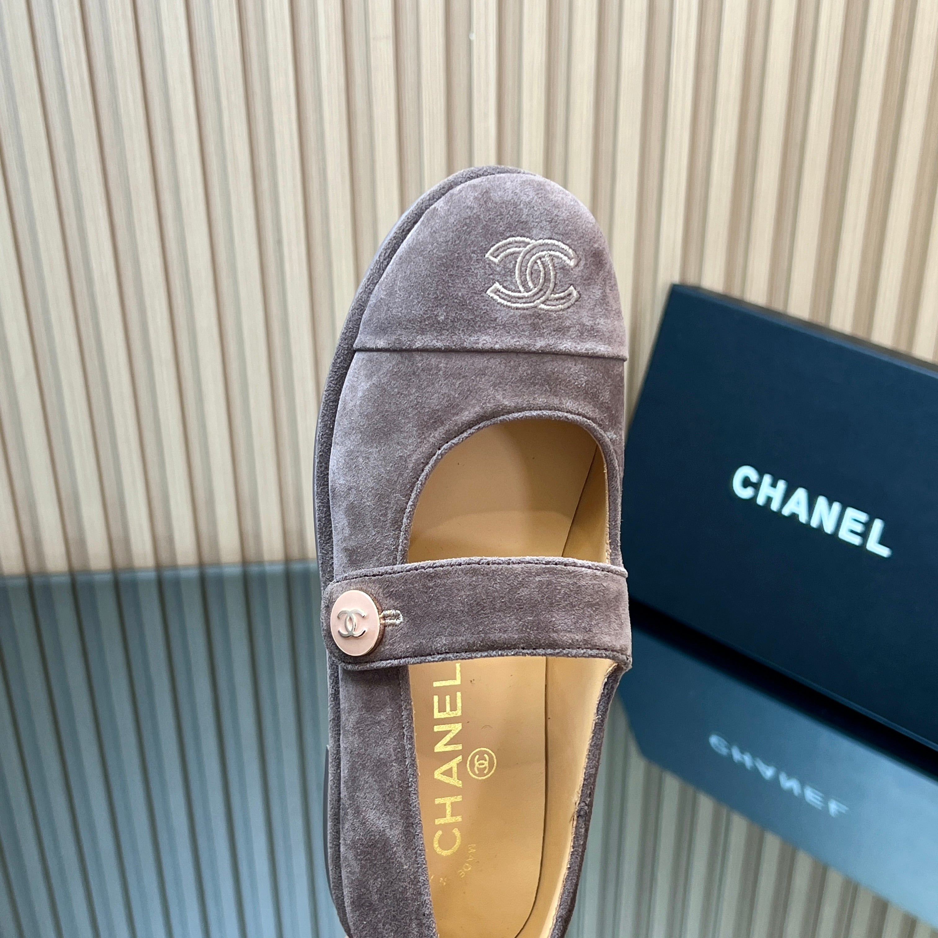 CHANEL 25S DOUBLE-STRAP MARY JANE SHOES IN TAUPE GRAY SUEDE