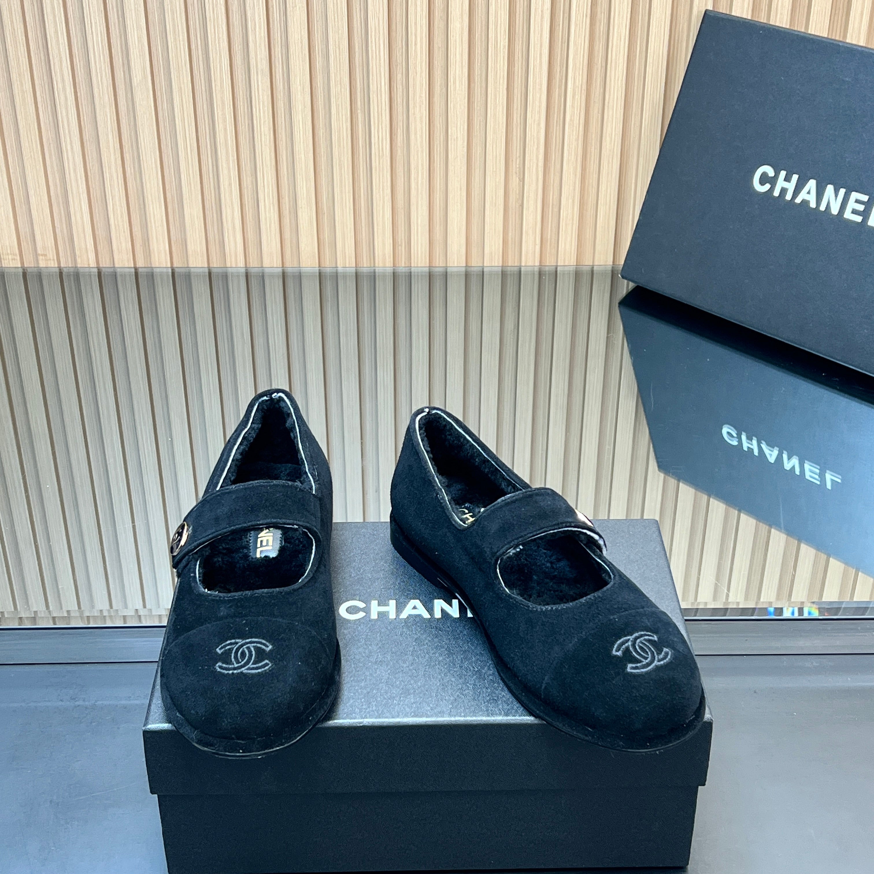 CHANEL 25S FURRY MARY JANE SHOES IN BLACK SUEDE