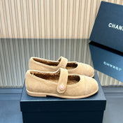 CHANEL 25S FURRY MARY JANE SHOES IN LIGHT BROWN SUEDE