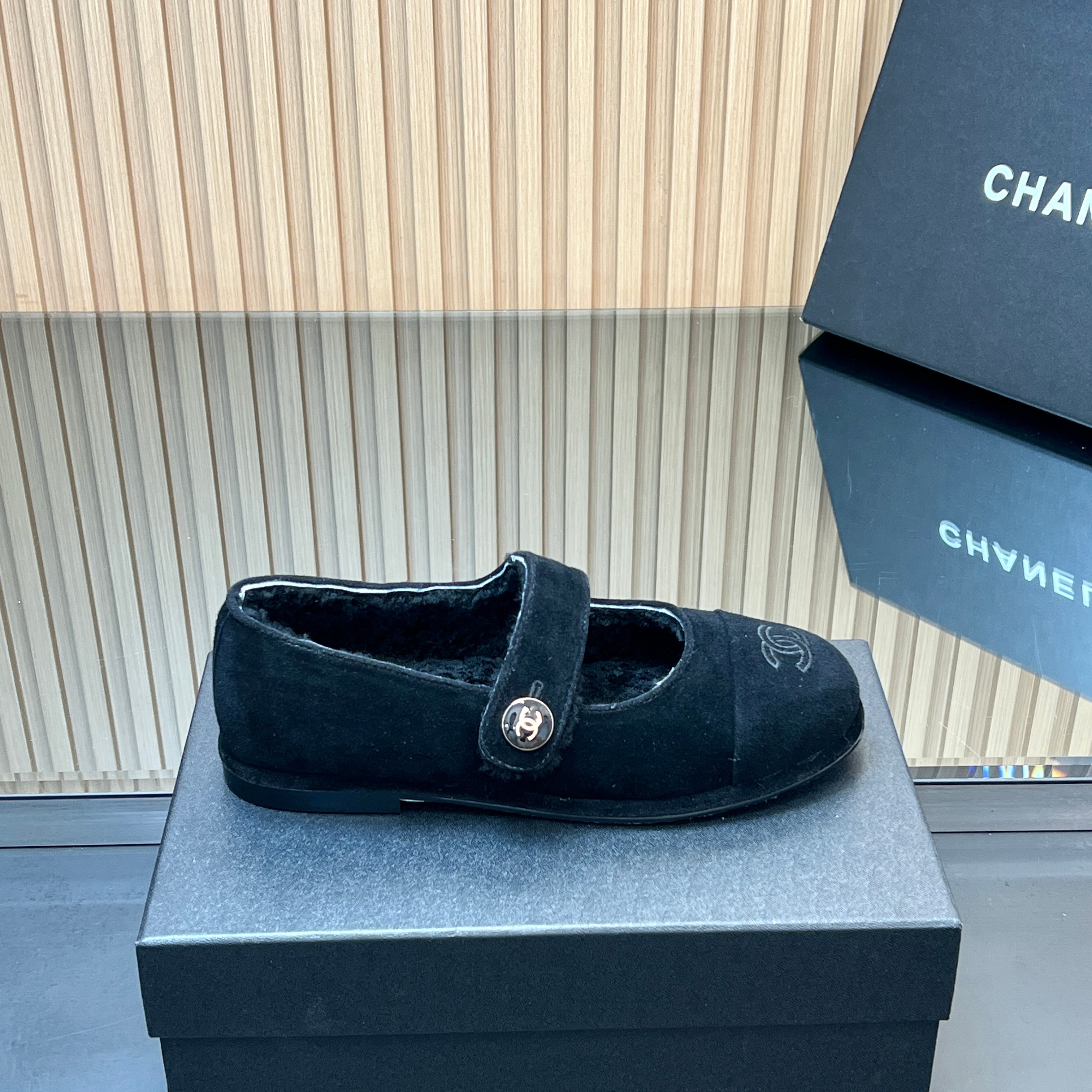CHANEL 25S FURRY MARY JANE SHOES IN BLACK SUEDE