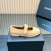 CHANEL 25S FURRY MARY JANE SHOES IN LIGHT BROWN SUEDE