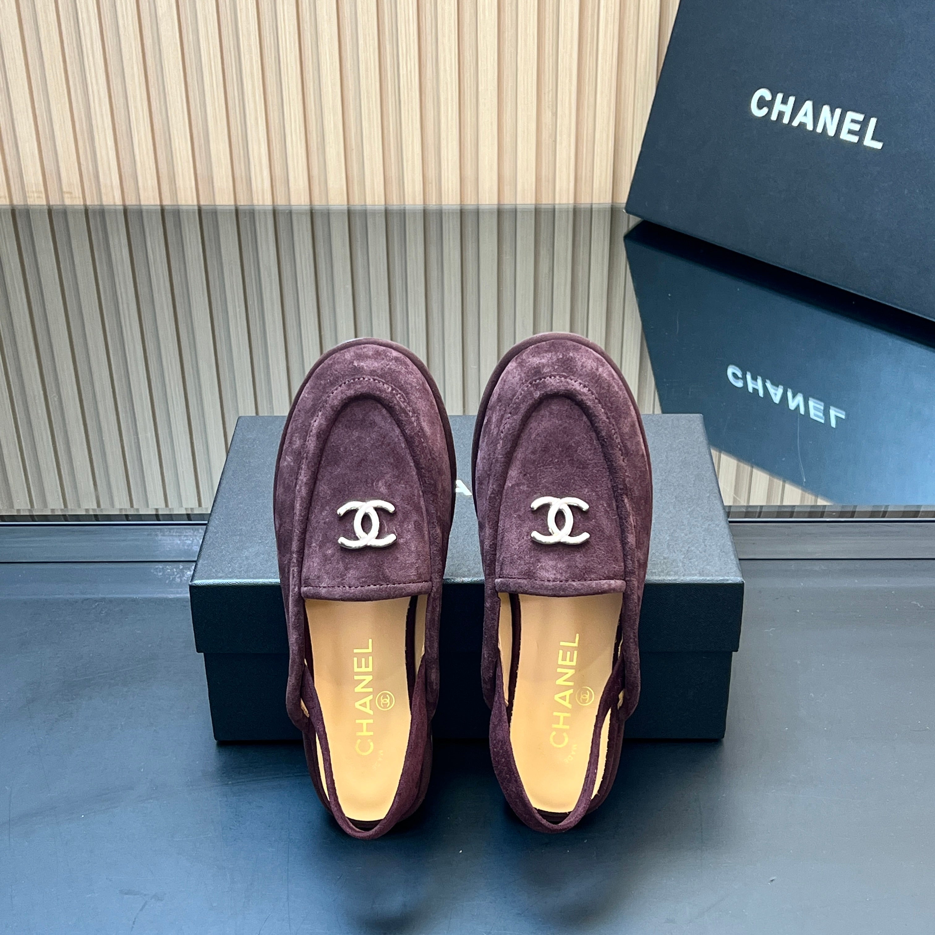 CHANEL 25S BACK STRAP MULE 15MM IN DARK PURPLE SUEDE SILVER HARDWRE