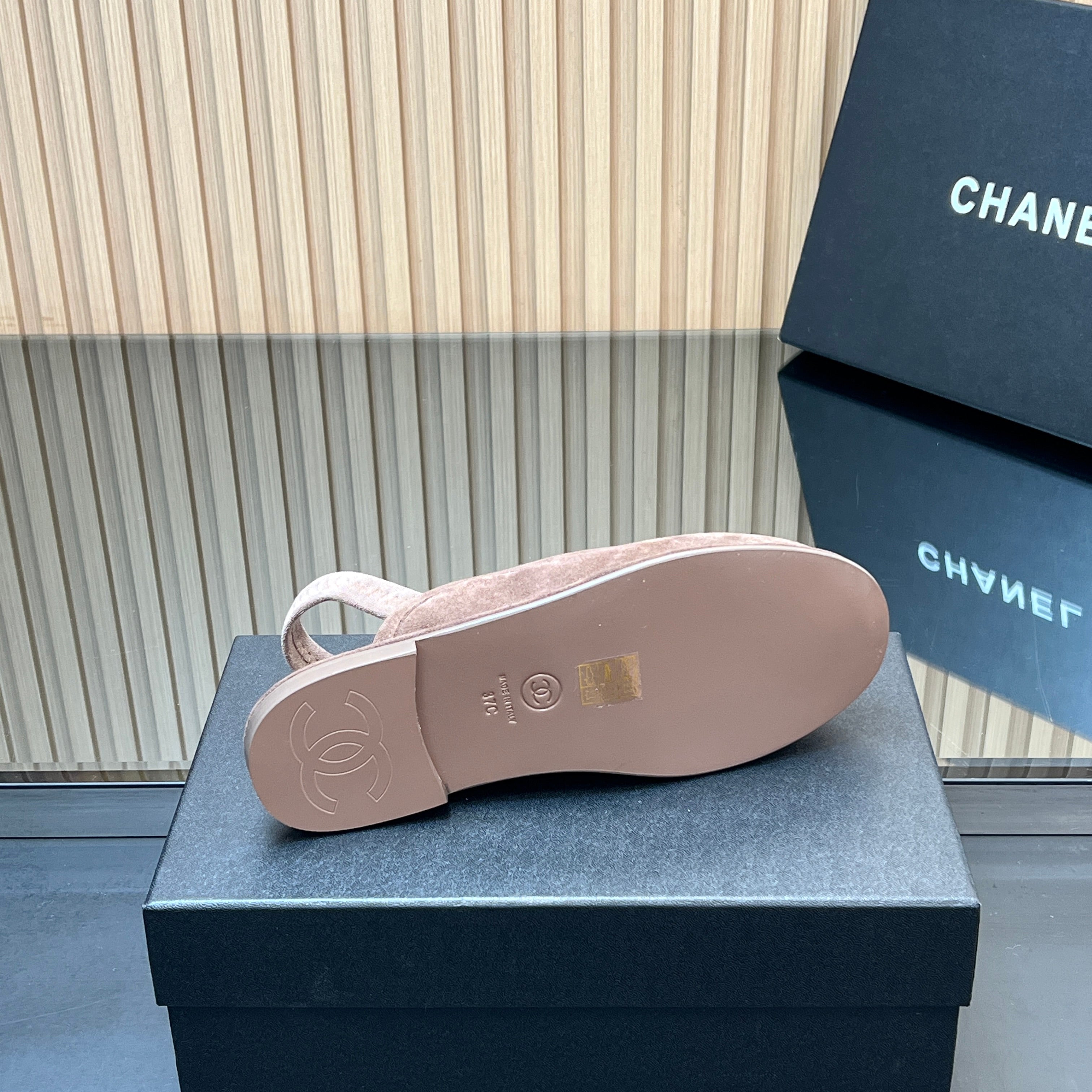 CHANEL 25S BACK STRAP MULE 15MM IN TAUPE GRAY SUEDE SILVER HARDWRE