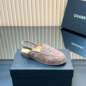 CHANEL 25S BACK STRAP MULE 15MM IN TAUPE GRAY SUEDE SILVER HARDWRE