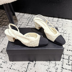 HIGH SLINGBACK 25S IN OFF WHITE FABRIC AND BLACK CALFSKIN CANVAS