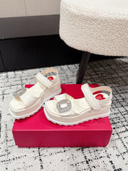 ROGER VIVIER 25S SLIDY VIV' WEDGE SANDALS 70 MM IN IVORY CALFSKIN EMBELLISHED CRYSTALS