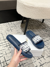 DIOR SLIDES 25S IN DUSTY NAVY BLUE LAMBSKIN AND FABIRC WITH BRAND LOGO STYLE 2