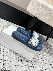 DIOR SLIDES 25S IN DUSTY NAVY BLUE LAMBSKIN AND FABIRC WITH BRAND LOGO STYLE 2