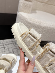 DIOR BACK-STRAP SANDALS 25S IN CREAM WHITE TWEED AND CALFSKIN WITH GOLD HARDWARE