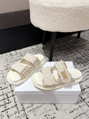 DIOR SANDALS 25S IN CREAM WHITE TWEED AND CALFSKIN WITH GOLD HARDWARE