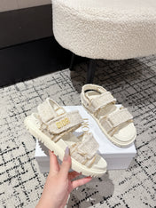 DIOR BACK-STRAP SANDALS 25S IN CREAM WHITE TWEED AND CALFSKIN WITH GOLD HARDWARE