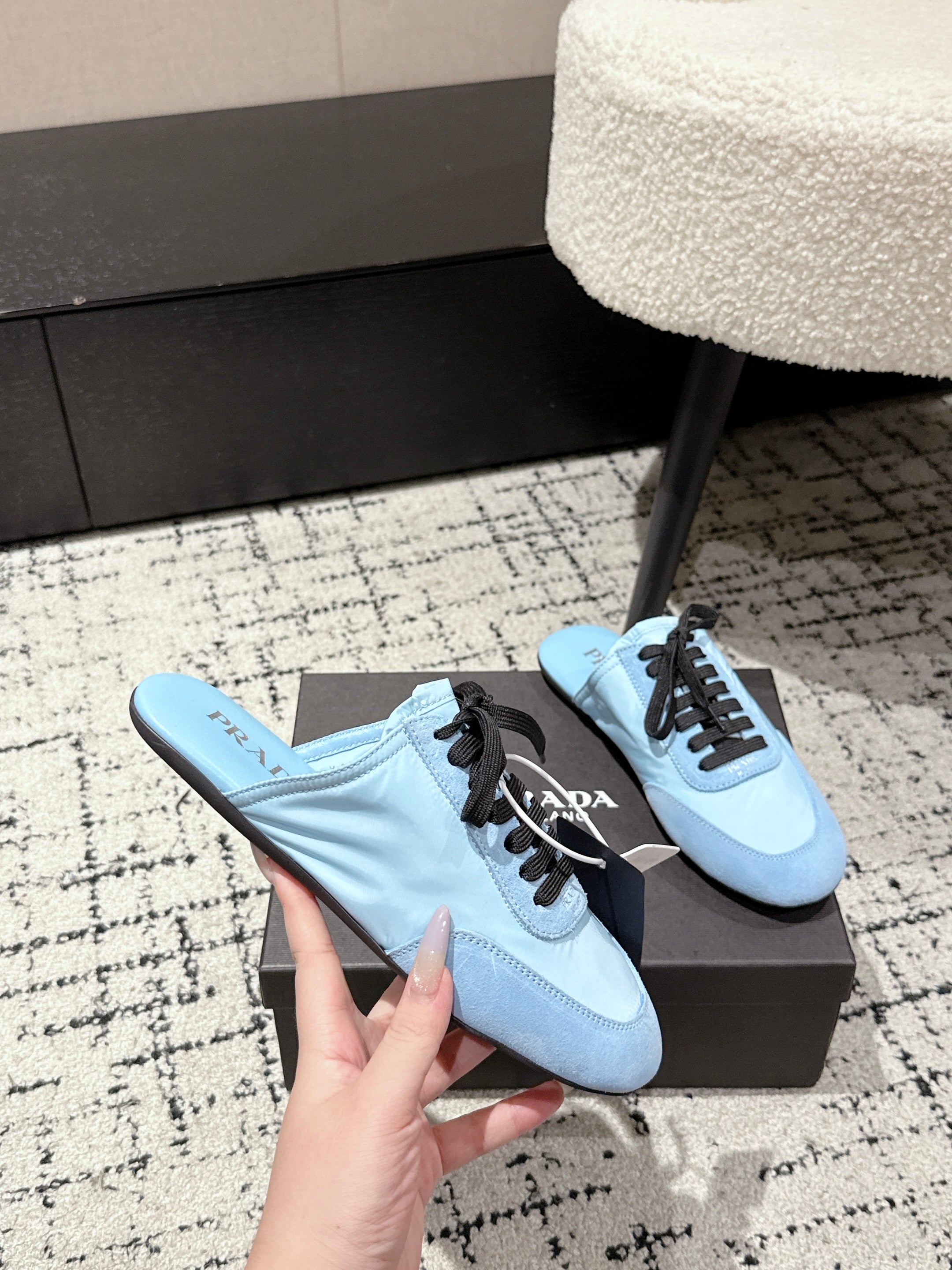 PRADA 25S DEXUN MULE IN LIGHT BLUE SUEDE LEATHER