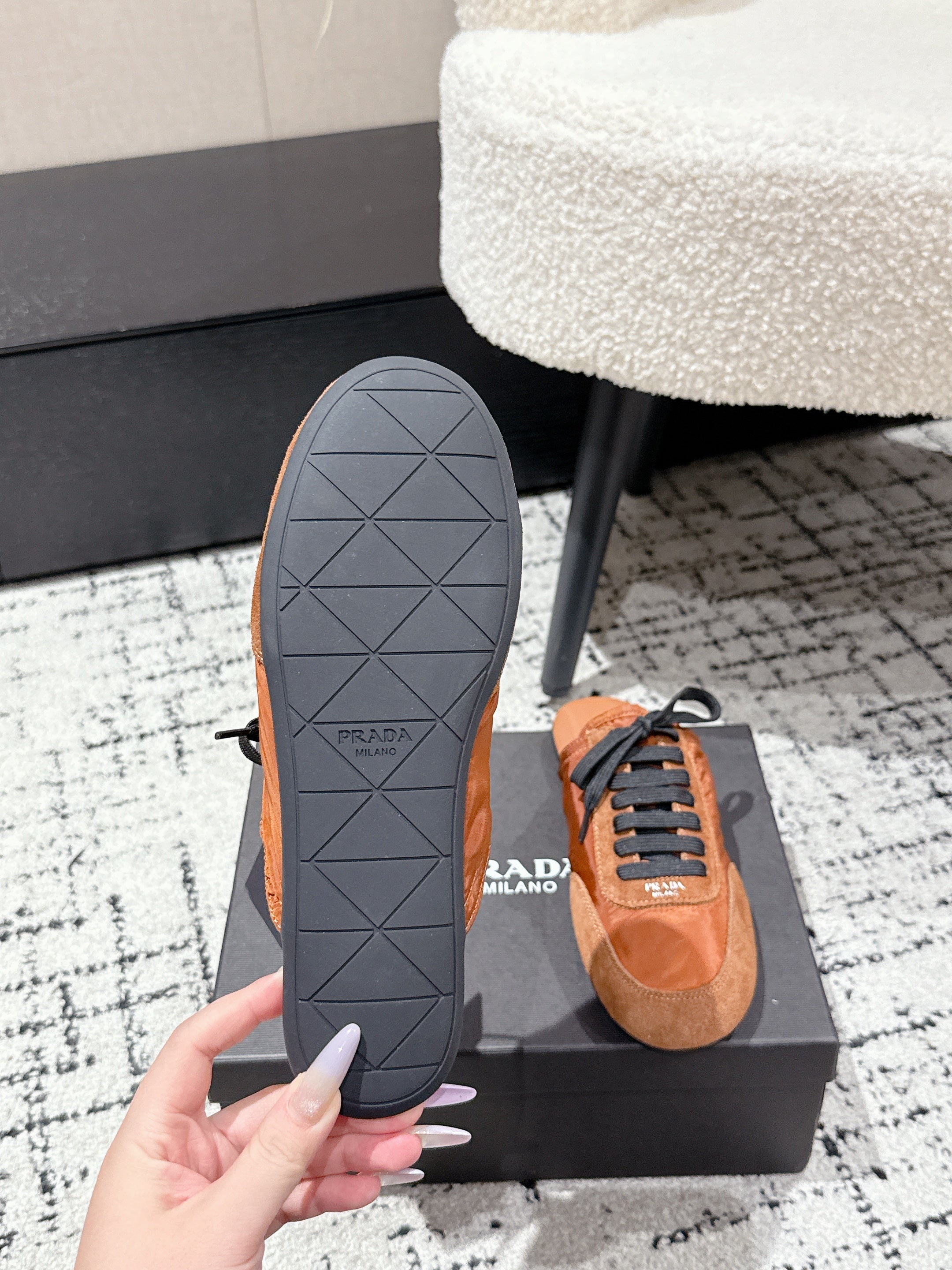 PRADA 25S DEXUN MULE IN BURNT ORANGE SUEDE LEATHER