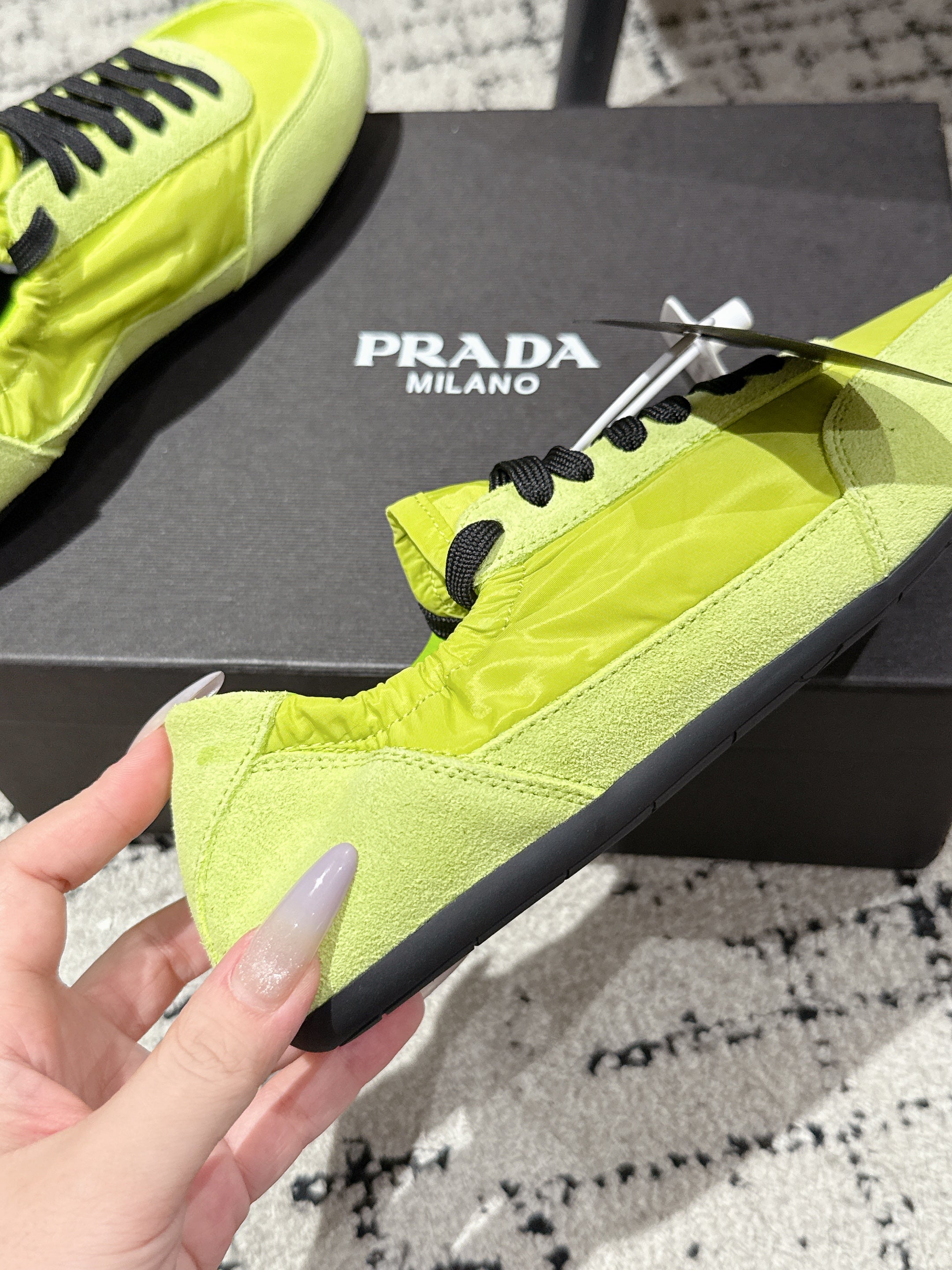 PRADA 25S COLLAPSE SNEAKERS IN LIME GREEN RE NYLON AND SUEDE