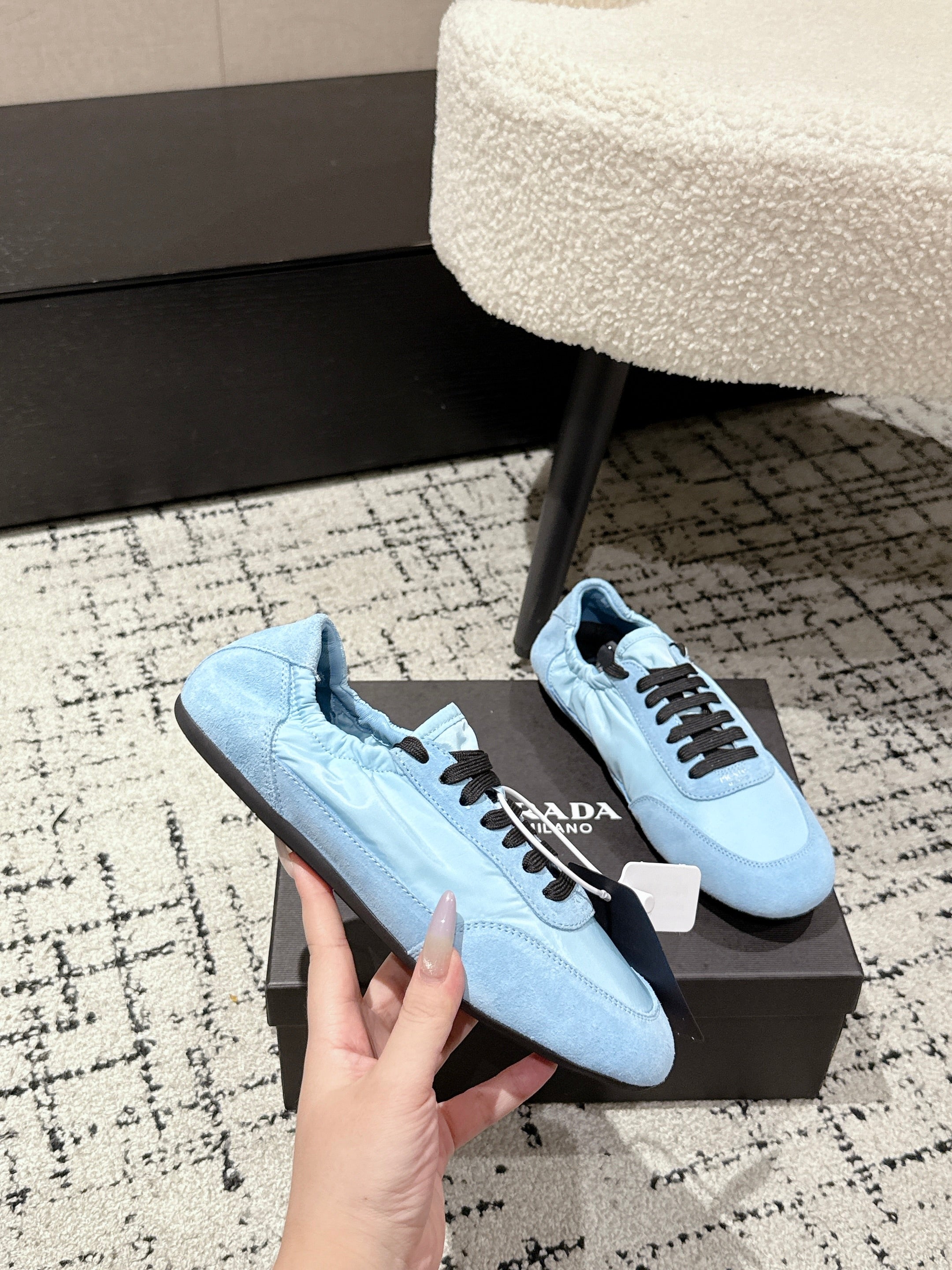 PRADA 25S COLLAPSE SNEAKERS IN LIGHT BLUE RE NYLON AND SUEDE