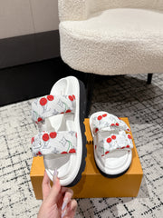 LV TWO-STRAP SLIDES 25S IN WHITE FABRIC AND CALFSKIN