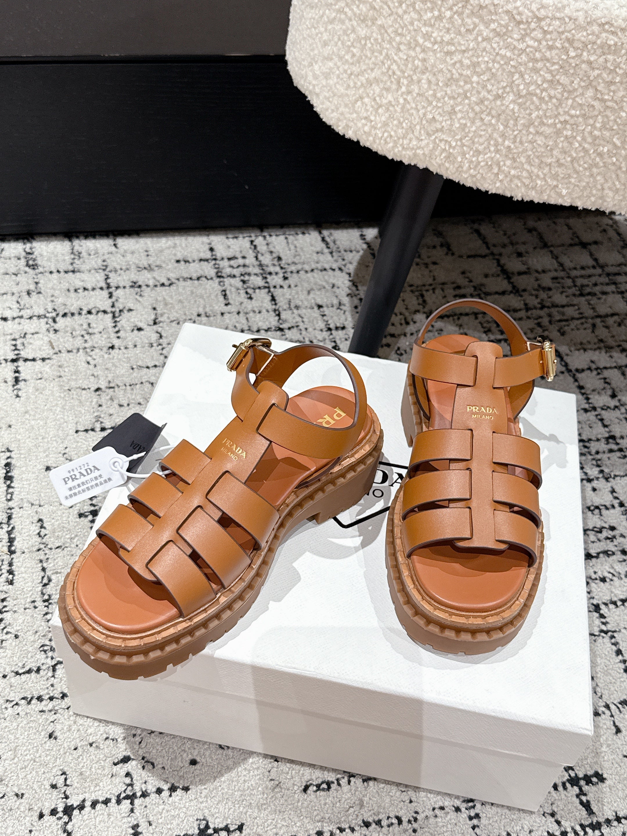 PRADA 25S FISHERMAN OPEN TOE SANDALS IN BURNT ORANGE CALFSKIN