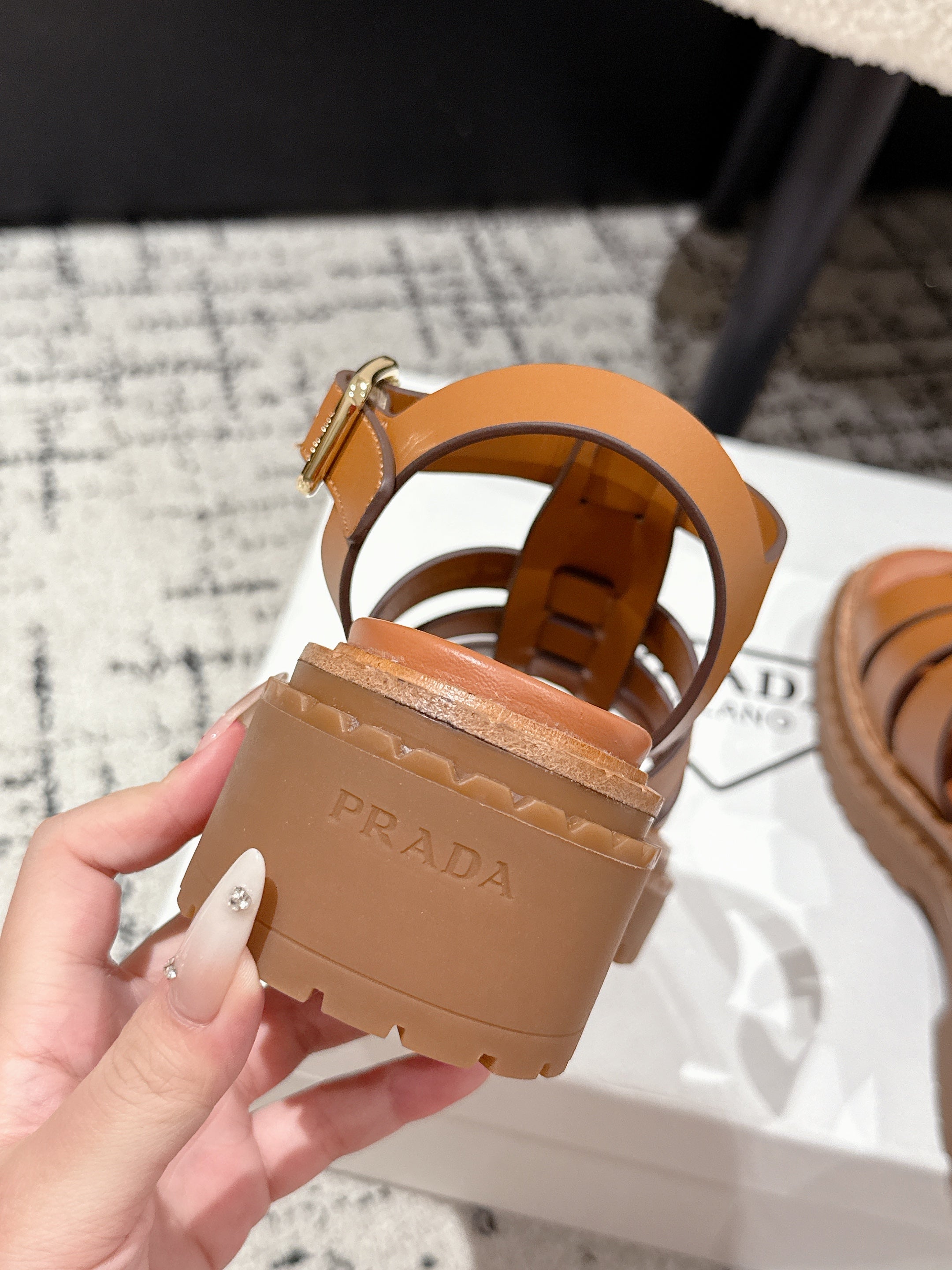 PRADA 25S FISHERMAN OPEN TOE SANDALS IN BURNT ORANGE CALFSKIN