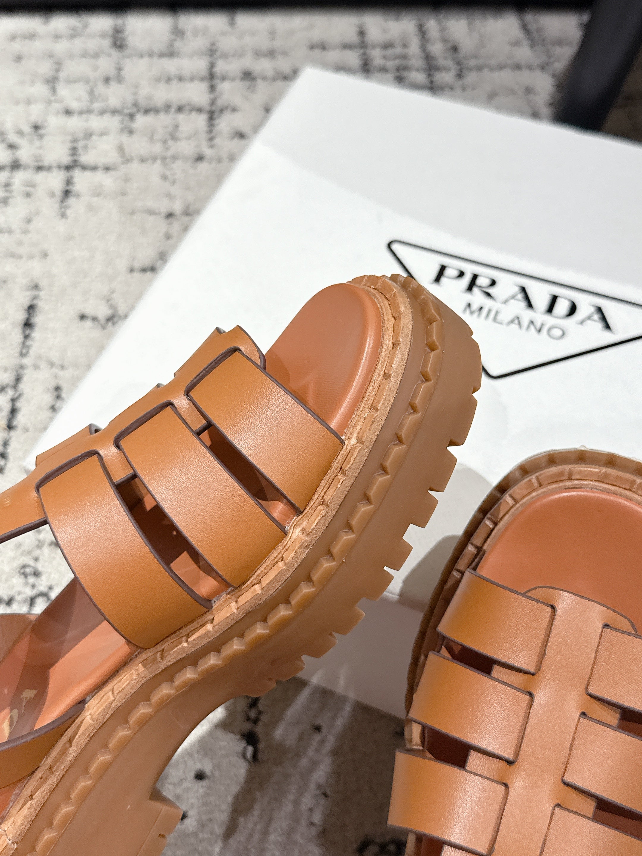 PRADA 25S FISHERMAN OPEN TOE SANDALS IN BURNT ORANGE CALFSKIN
