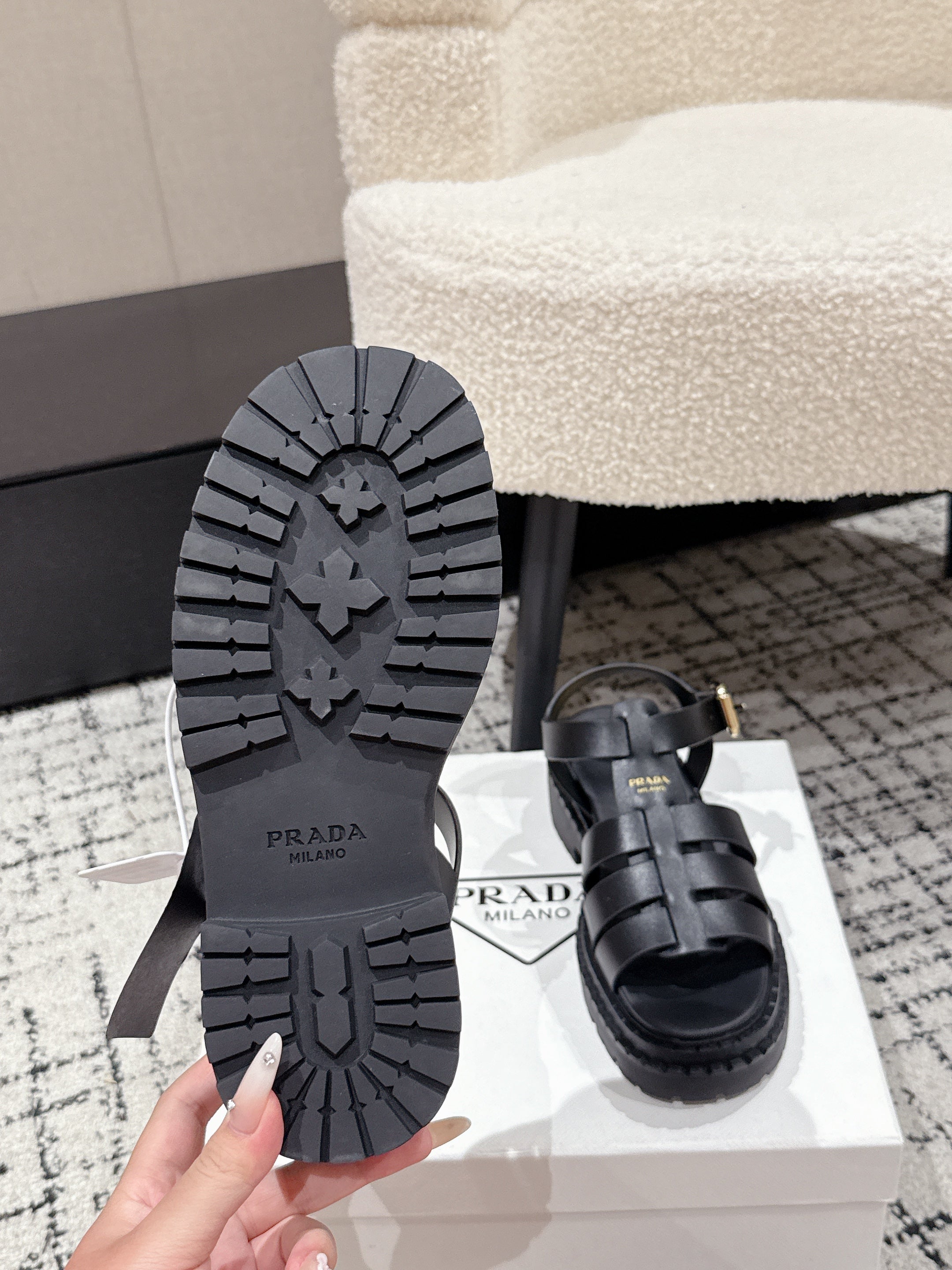 PRADA 25S FISHERMAN OPEN TOE SANDALS IN BLACK CALFSKIN