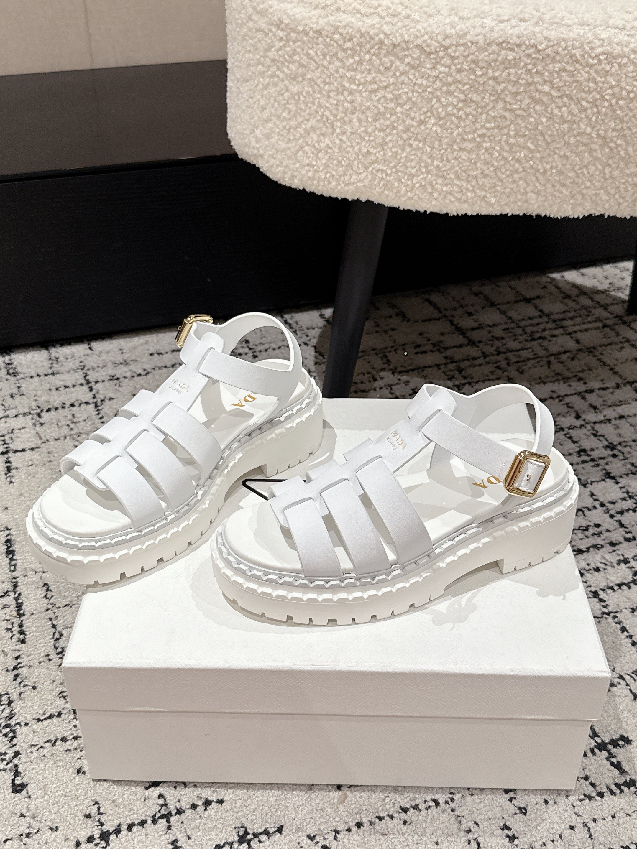 PRADA 25S FISHERMAN OPEN TOE SANDALS IN WHITE CALFSKIN