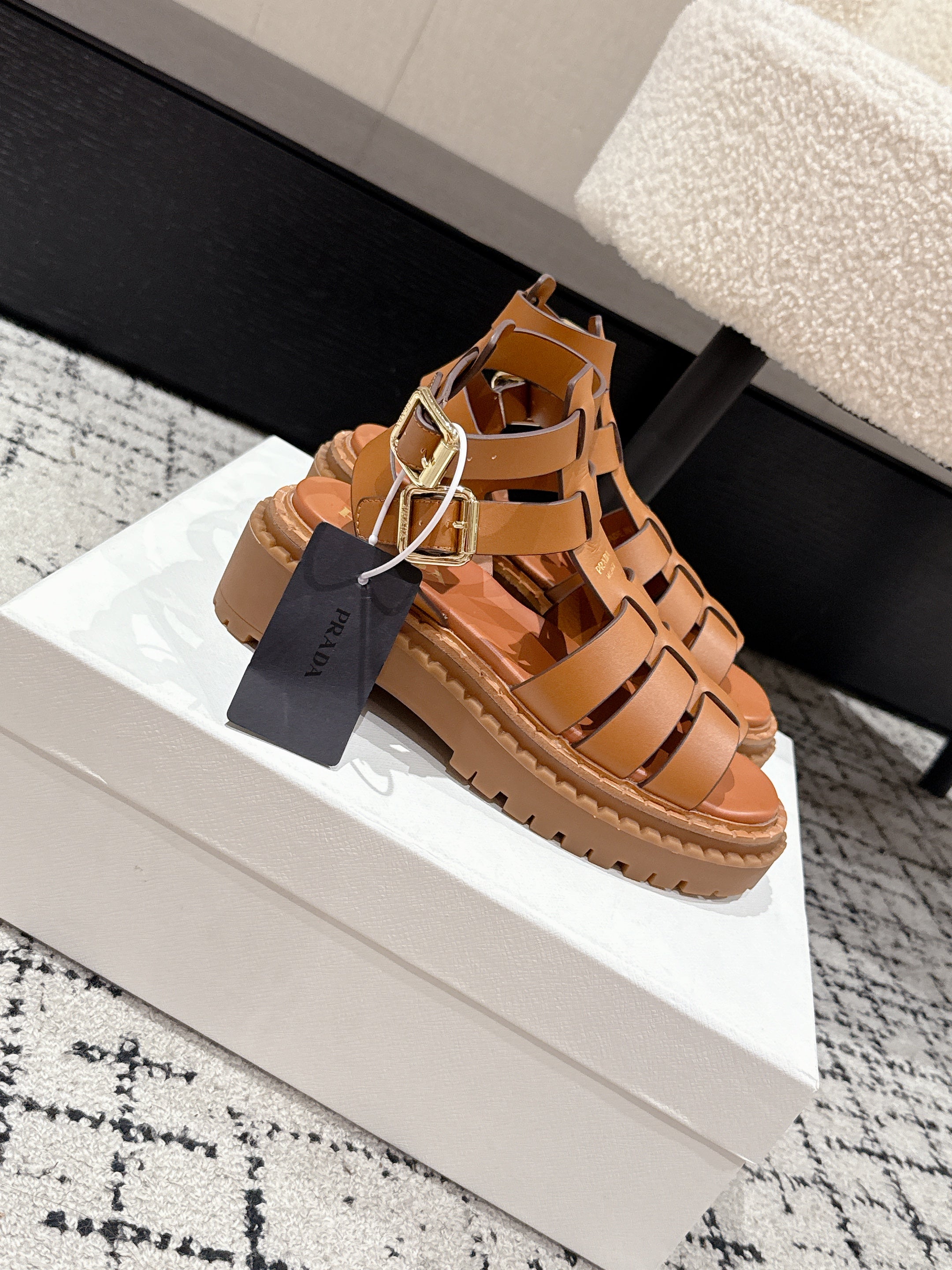 PRADA 25S HIGH TOP OPEN TOE FISHERMAN SANDALS IN BURNT ORANGE CALFSKIN