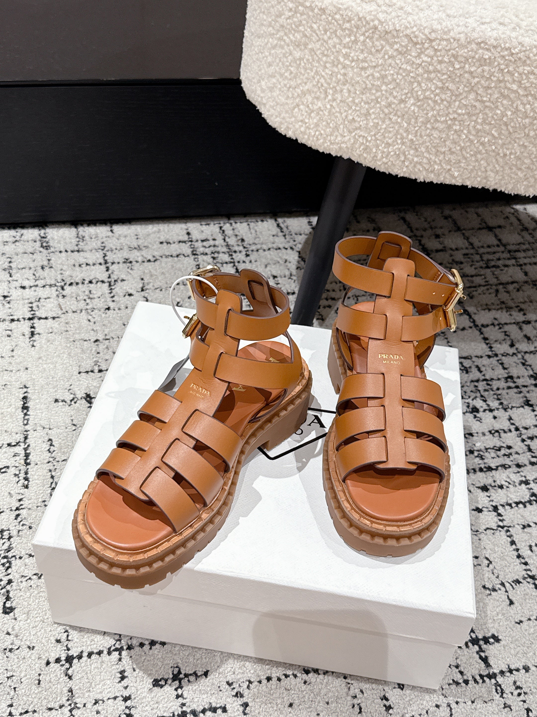 PRADA 25S HIGH TOP OPEN TOE FISHERMAN SANDALS IN BURNT ORANGE CALFSKIN