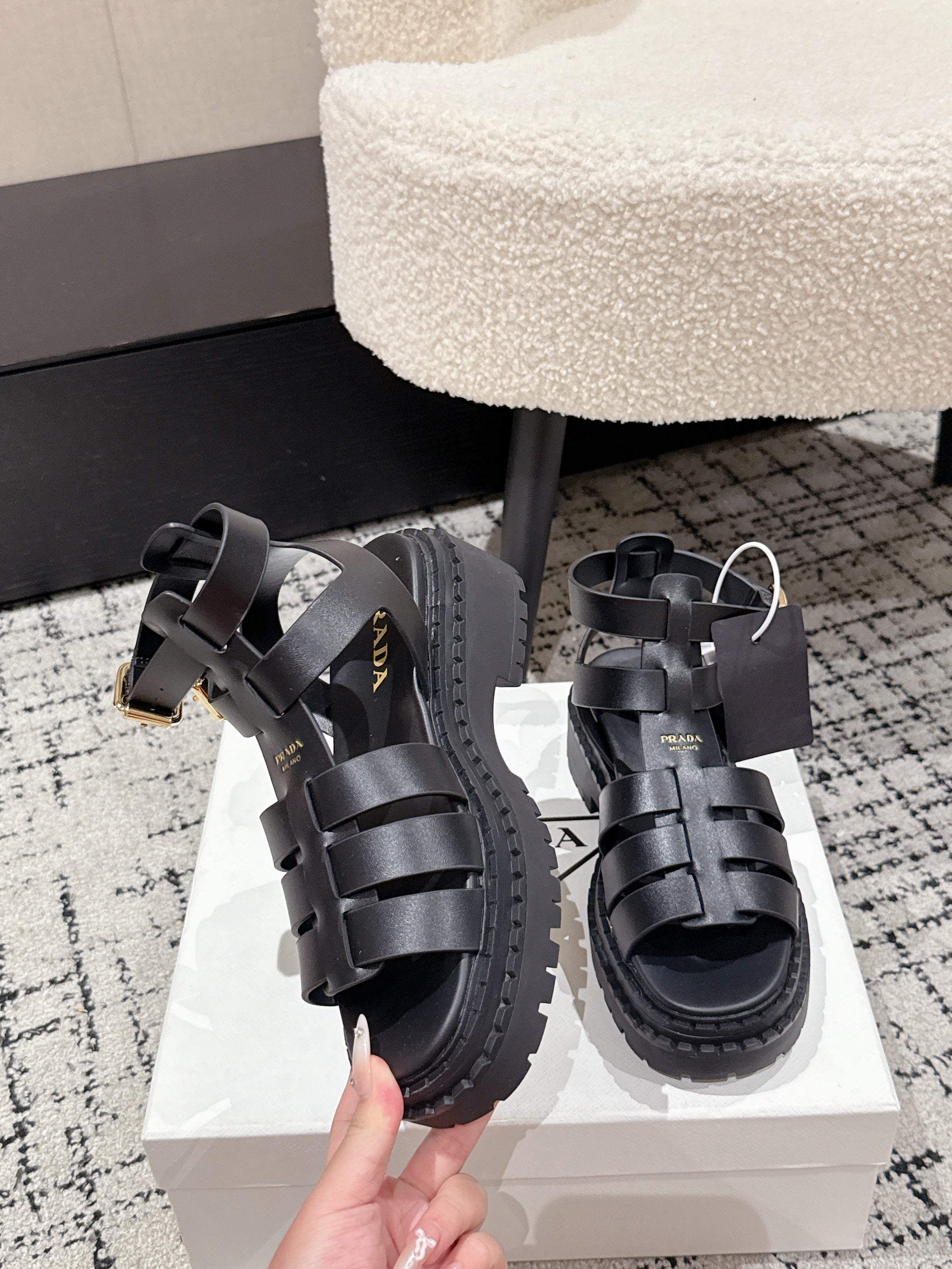 PRADA 25S HIGH TOP OPEN TOE FISHERMAN SANDALS IN BLACK CALFSKIN