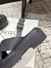 PRADA 25S CRISSCROSS SANDALS IN BLACK CALFSKIN LOGO