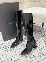YSL 25S PLATFORM KNEE-HIGH BOOTS 70 MM IN BLACK GLOSSY LAMBSKIN