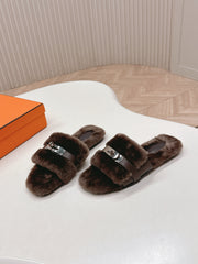 HM 25S ORAN SANDAL IN DARK BROWN SHEARLING WITH SILVER HARDWARE