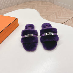 HM 25S ORAN SANDAL IN DARK PURPLE SHEARLING WITH SILVER HARDWARE