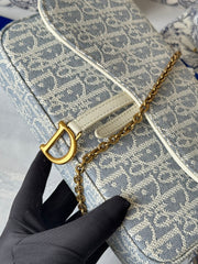 DIOR 25S MEDIUM SADDLE POUCH WITH CHAIN 21 IN LIGHT BLUE DIOR OBLIQUE JACQUARD CANVAS