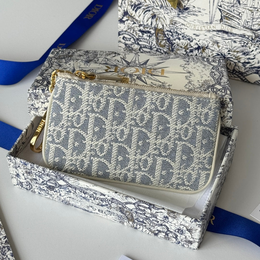 DIOR 25S TRAVEL MYRTE ZIPPED KEY CASE 14 IN BLUE DIOR OBLIQUE JACQUARD CANVAS