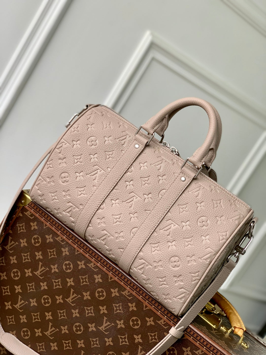 KEEPALL BANDOULIÈRE 34 BAG IN LIGHT BROWN MONOGRAM TAURILLON CALFSKIN