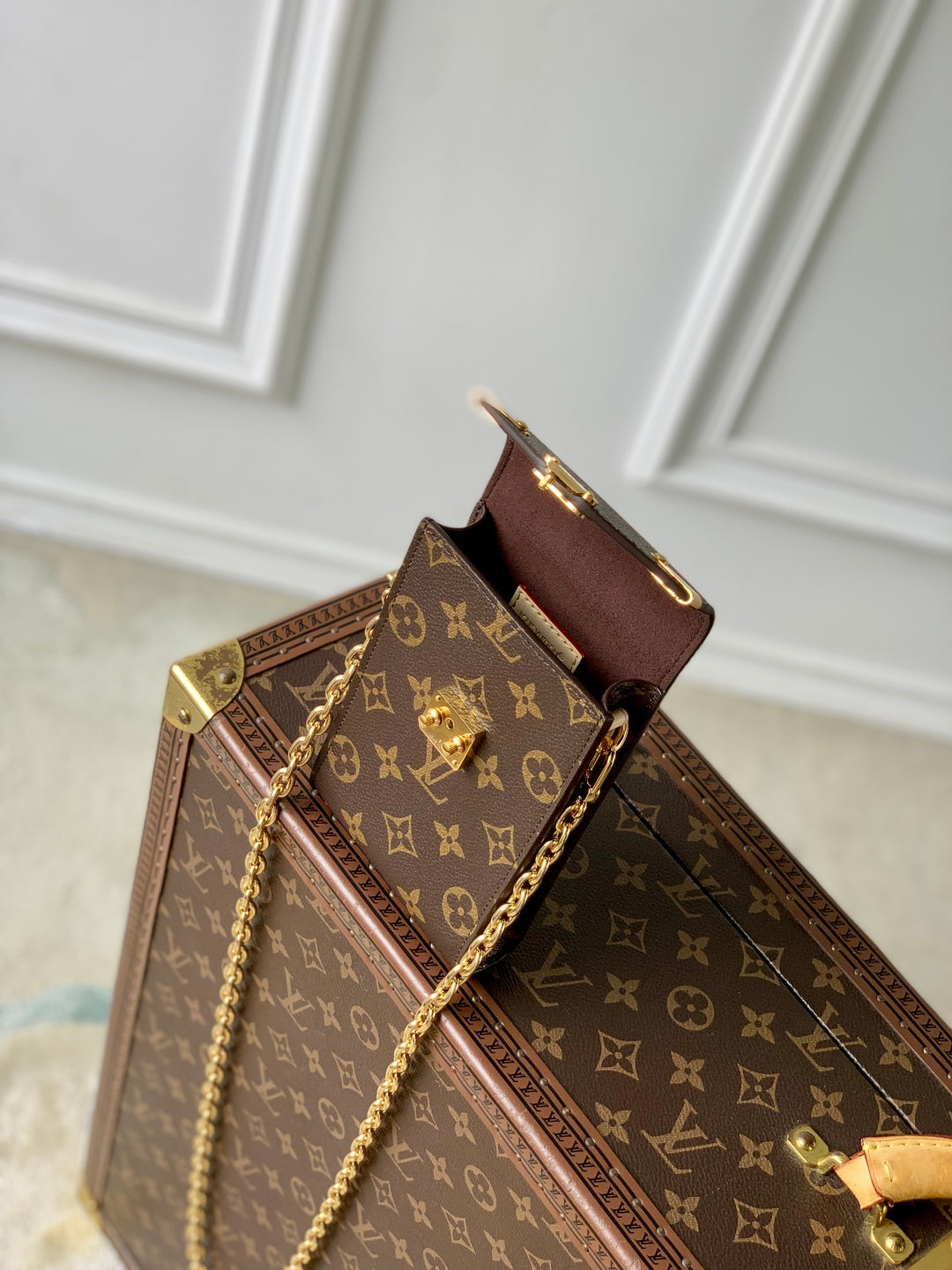 PHONE POUCH 17.5 IN BROWN MONOGRAM COATED CANVAS AND CALFSKIN