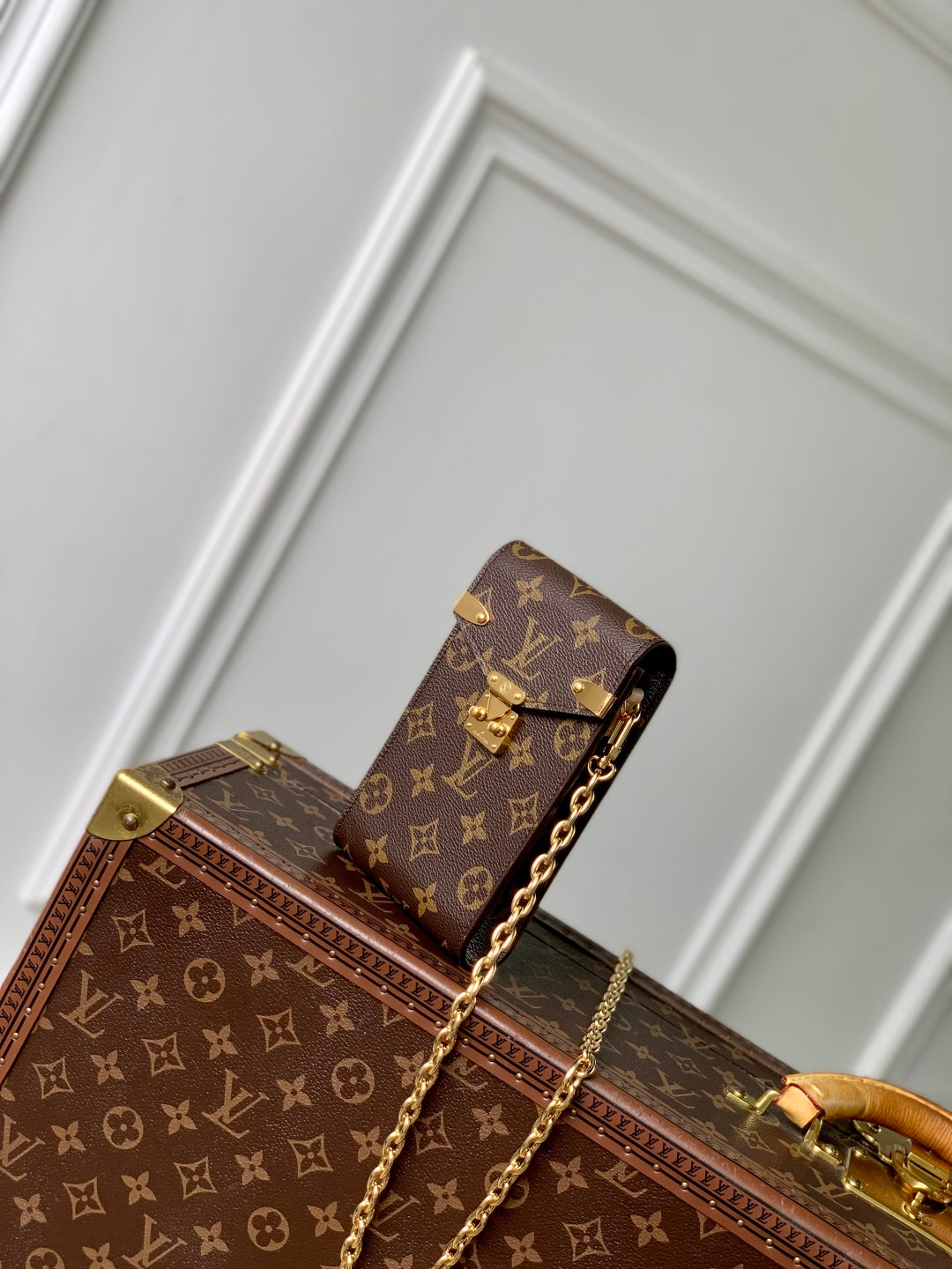 PHONE POUCH 17.5 IN BROWN MONOGRAM COATED CANVAS AND CALFSKIN