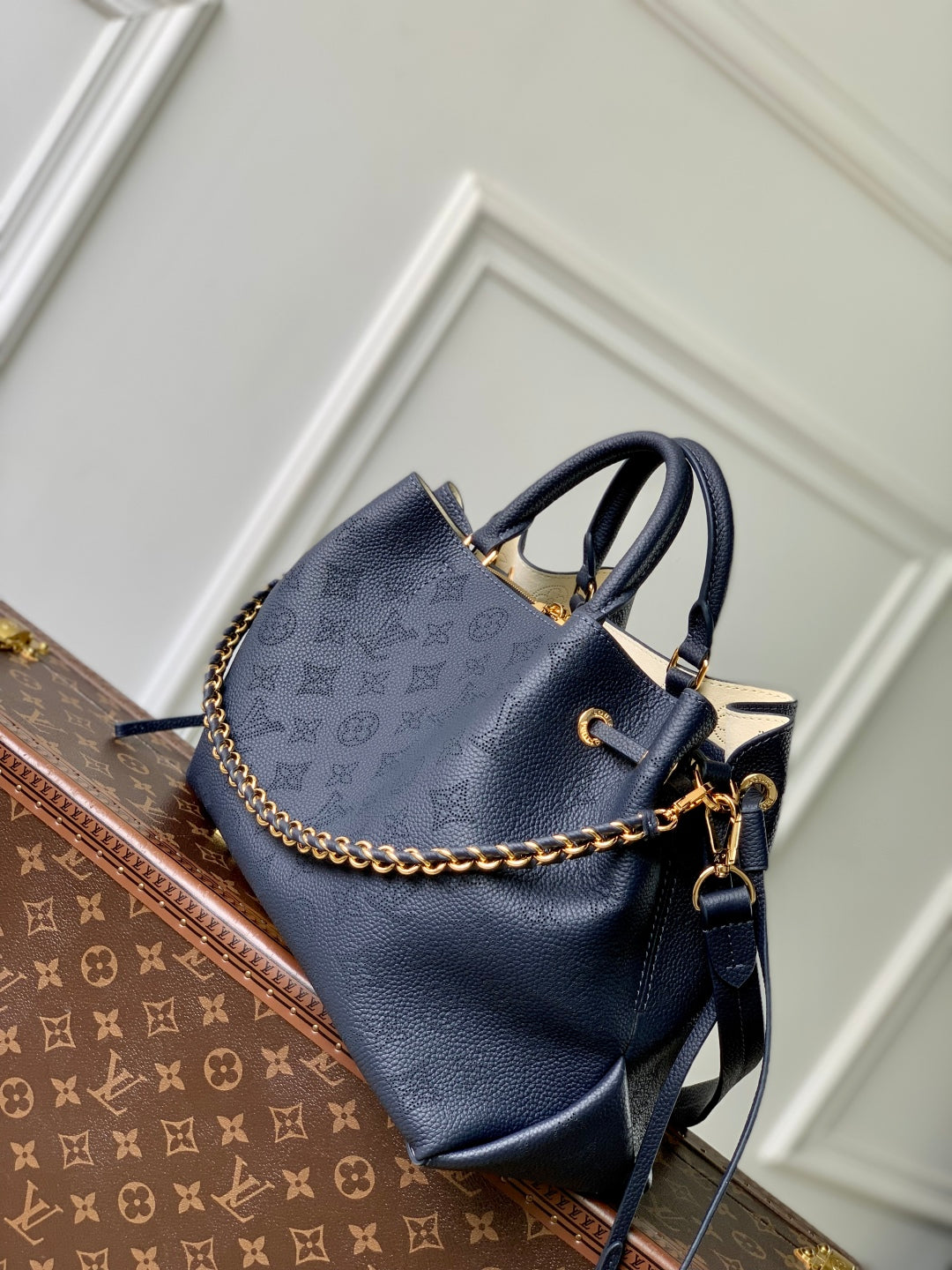 BELLA TOTE 32 IN DARK BLUE MONOGRAM PERFORATED CALFSKIN GOLD HARDWARE