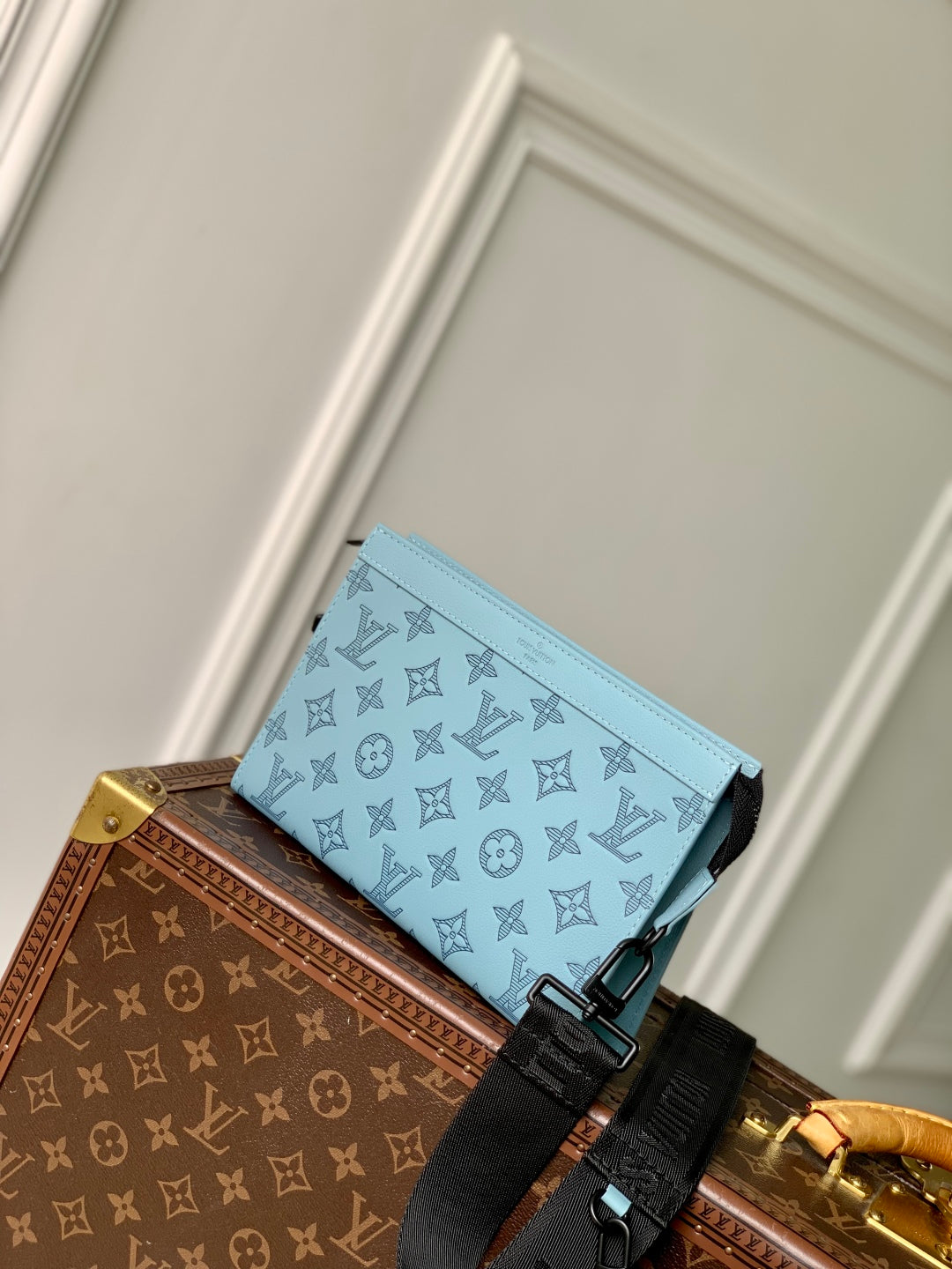 GASTON WEARABLE WALLET 22 IN SKY BLUE MONOGRAM SHADOW CALFSKIN EMBOSSED LOGO