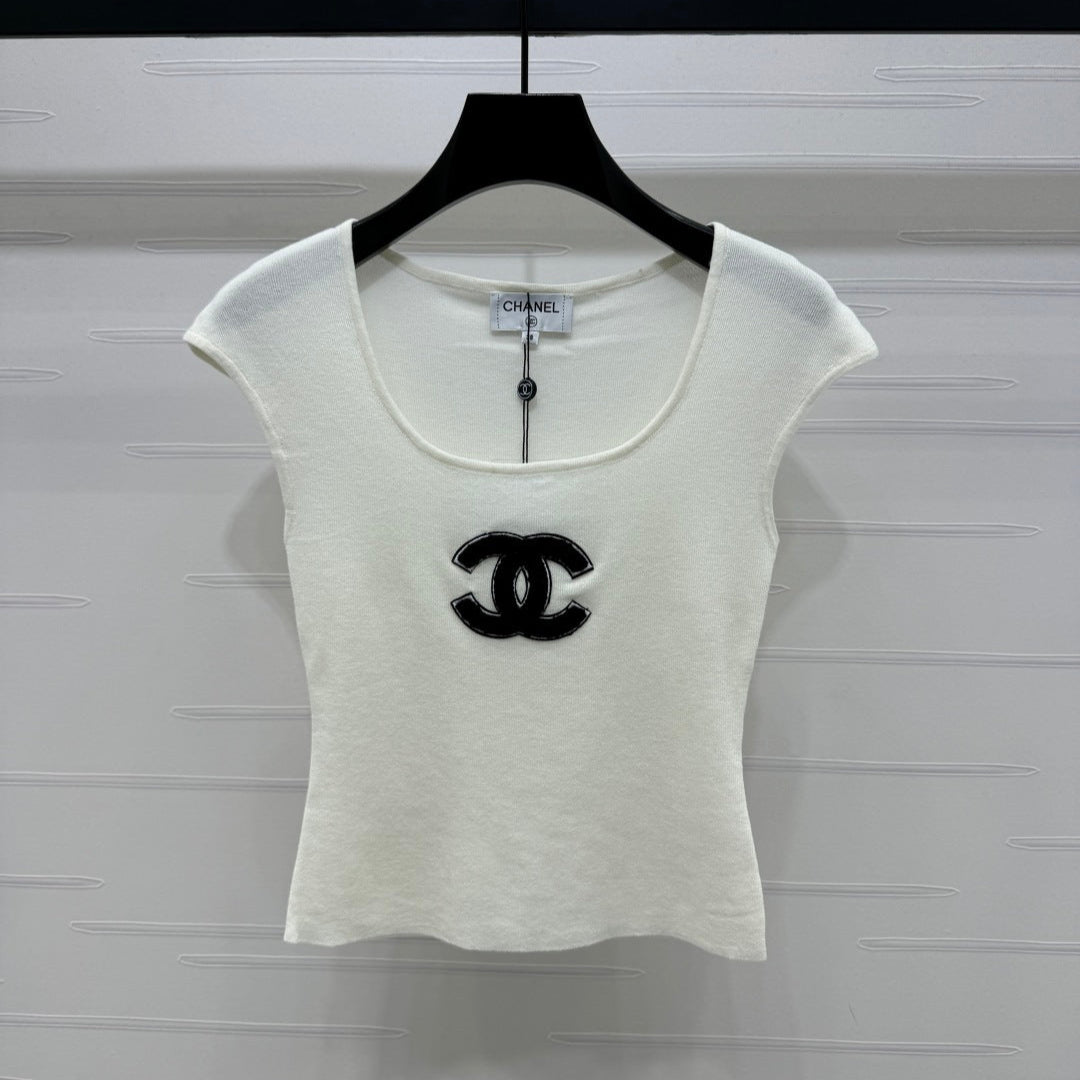Chanel 25 White Tank Top Square Neck Knitted