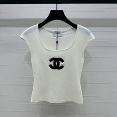 Chanel 25 White Tank Top Square Neck Knitted