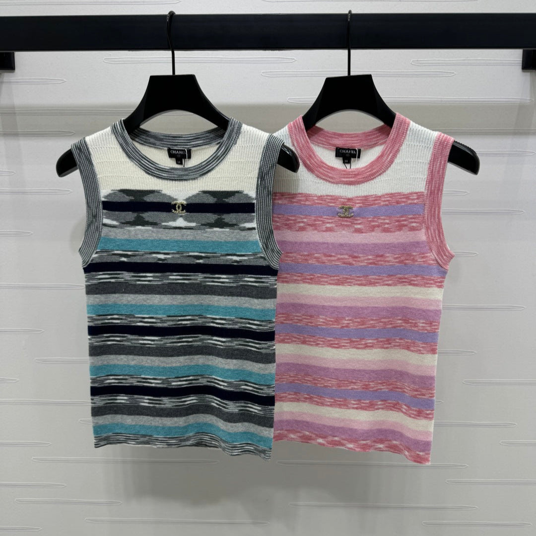 Chanel 25 Sleeveless Striped Top In Blue And Gray