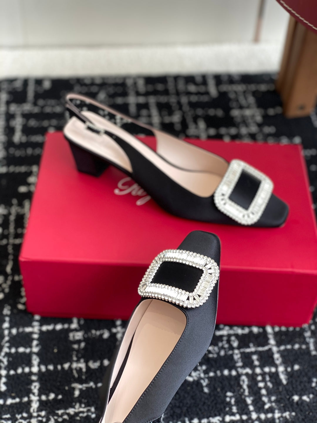 ROGER VIVIER 25S VIVIER SLINGBACK 45MM IN BLACK SILK EMBELLISHED CRYSTALS