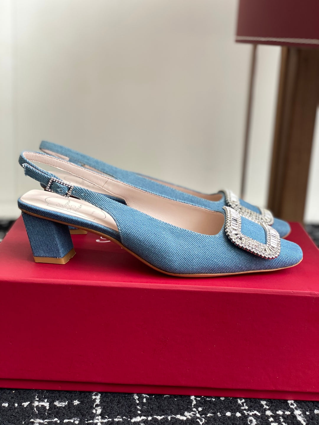 ROGER VIVIER 25S VIVIER SLINGBACK 45MM IN BLUE DENIM EMBELLISHED CRYSTALS