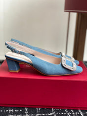 ROGER VIVIER 25S VIVIER SLINGBACK 45MM IN BLUE DENIM EMBELLISHED CRYSTALS