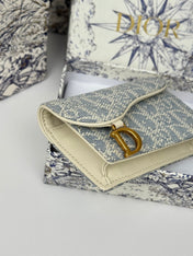 DIOR 25S SADDLE JASMINE GUSSET CARD HOLDER 10 IN LIGHT BLUE OBLIQUE JACQUARD CANVAS