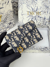 DIOR 25S SADDLE JASMINE GUSSET CARD HOLDER 10 IN BLUE OBLIQUE JACQUARD CANVAS