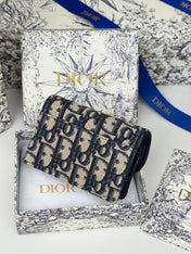 DIOR 25S SADDLE JASMINE GUSSET CARD HOLDER 10 IN BLUE OBLIQUE JACQUARD CANVAS